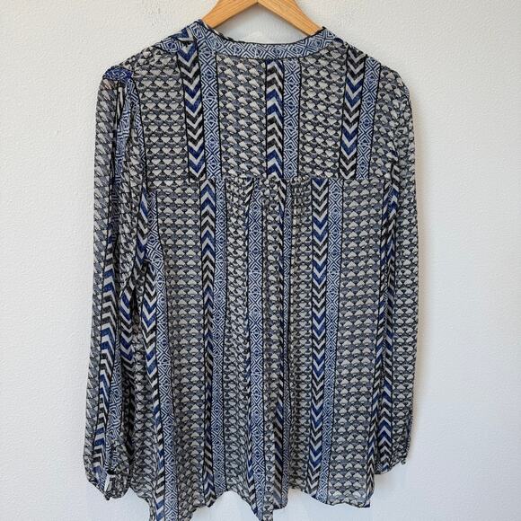 Lucky Brand Blue Geometric Print Beaded Tunic Sheer Long Sleeve Top Medium - Picture 8 of 12